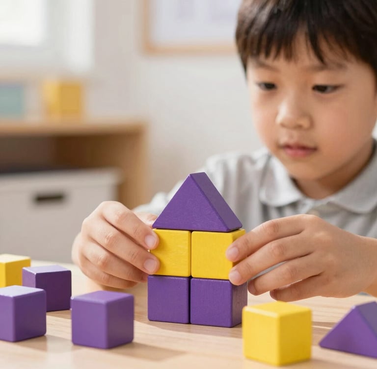 A close-up of a child concentrating on sorting geometric purple and yellow wooden blocks, bright natural daylight, clean classroom background