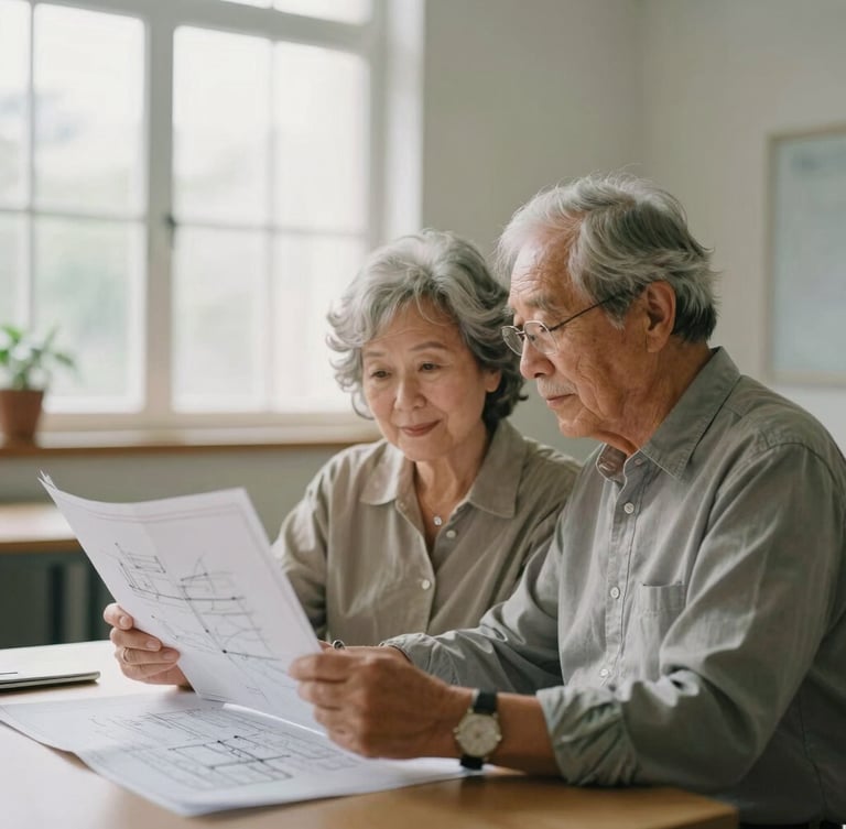 Medium environmental portrait of an elderly couple looking at blueprints in a sunlit community center, soft natural window light, muted organic tones, shallow depth of field, 35mm film aesthetic.