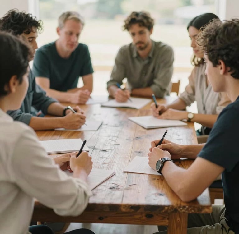 A group of community leaders collaborating around a rustic wooden table, soft natural daylight, warm editorial photography, shallow depth of field, 35mm film aesthetic