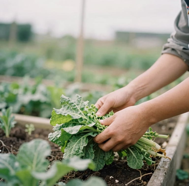 Hands tending to fresh vegetables in a vibrant community garden, soft overcast daylight, warm editorial photography, shallow depth of field, 35mm film aesthetic