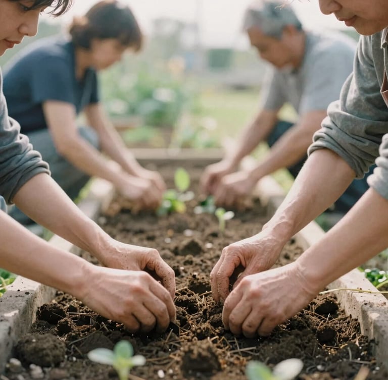 Soft natural morning light illuminating a community garden, hands of volunteers of different generations working the soil, muted organic tones, shallow depth of field, 35mm film style