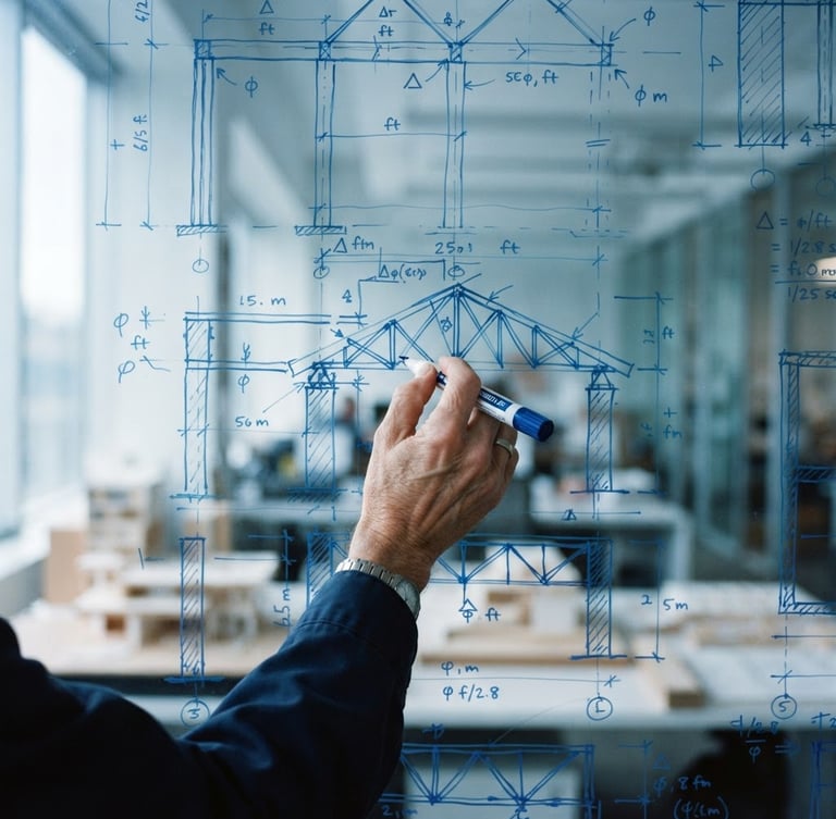 Close-up of complex architectural diagrams drawn on a clean glass whiteboard, a senior engineer's hand holding a blue marker, cool daylight with subtle blue ambient glow, shallow depth of field, 35mm