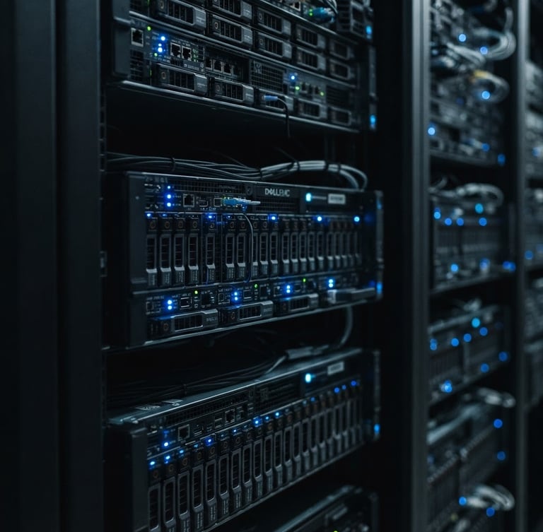 Macro close-up of clean server racks with soft blue indicator lights in a dark enterprise data center, cool daylight, 35mm photography