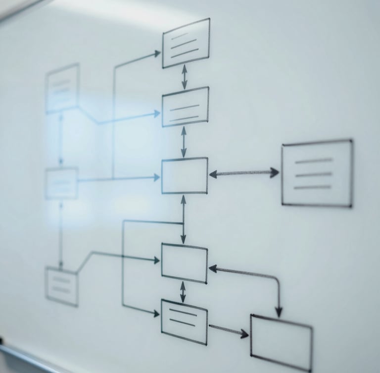 Close-up of complex system architecture diagrams drawn on a clean white whiteboard, soft blue ambient lighting, crisp editorial photography