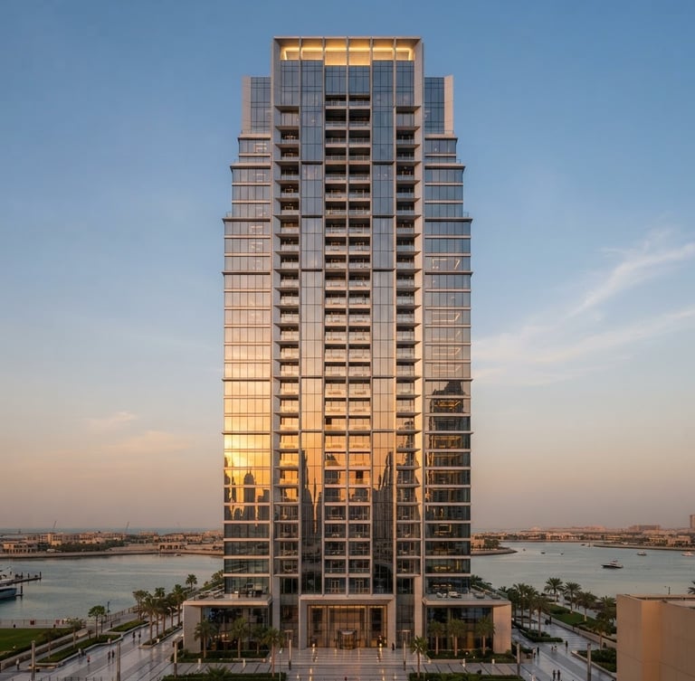 Straight-on architectural elevation of a modern glass skyscraper in Lusail Marina, sharp structural details, sunset reflections on glazing, high-end luxury, 35mm
