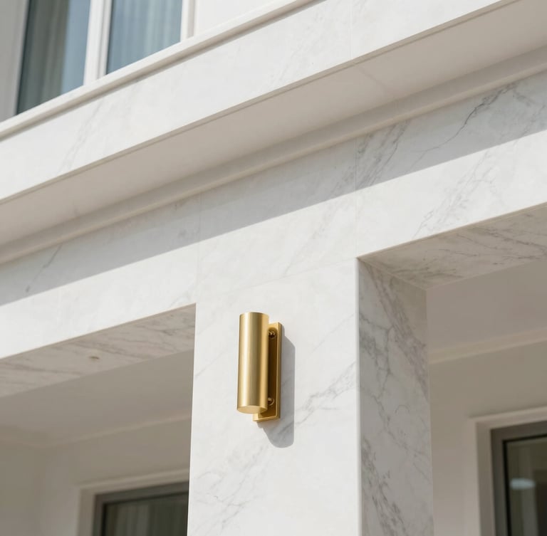 Close-up of clean architectural details, brushed gold fixtures against white marble in a modern Doha villa, sharp focus, natural light