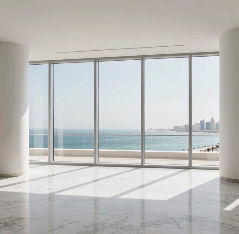 Sun-drenched minimalist penthouse interior in Doha, floor-to-ceiling windows overlooking the Arabian Gulf, white marble floors, clean architectural lines, 35mm