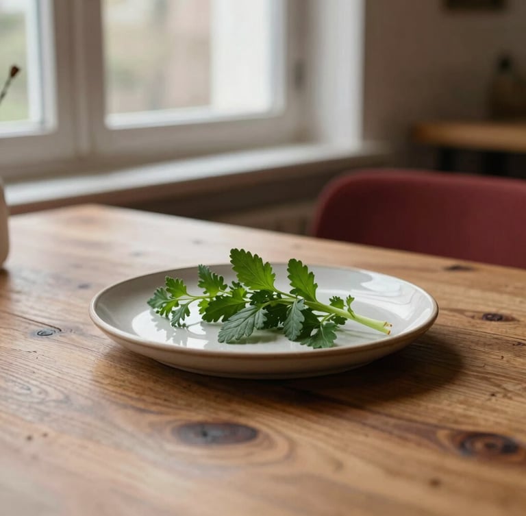 Close-up of a rustic wooden dining table in a warm Scandinavian restaurant, soft morning light from a window, a ceramic plate with fresh herbs, 35mm photography