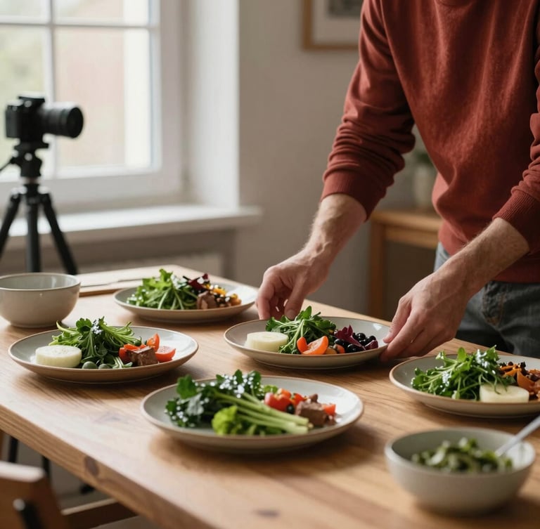 Warm Scandinavian workspace, hands arranging ceramic plates of fresh ingredients on a light oak table, soft morning window light, camera on a tripod visible, rich crimson accents.