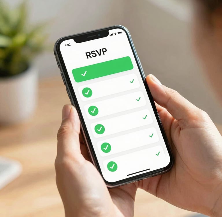 Hands holding a clean smartphone displaying a modern event RSVP dashboard with green confirmation checkmarks, warm natural daylight, shallow depth of field