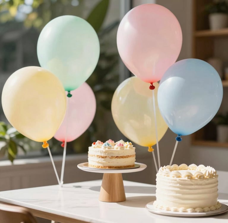 A bright, joyful close-up of a beautifully decorated birthday table with pastel balloons, a clean modern cake, and warm natural daylight pouring in.