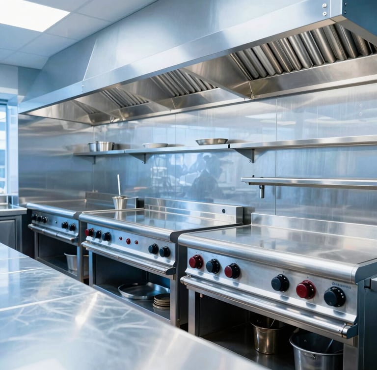 Bright architectural wide shot of a gleaming spotless commercial restaurant kitchen with stainless steel surfaces, cool blue and metallic silver tones, sharp focus, 35mm
