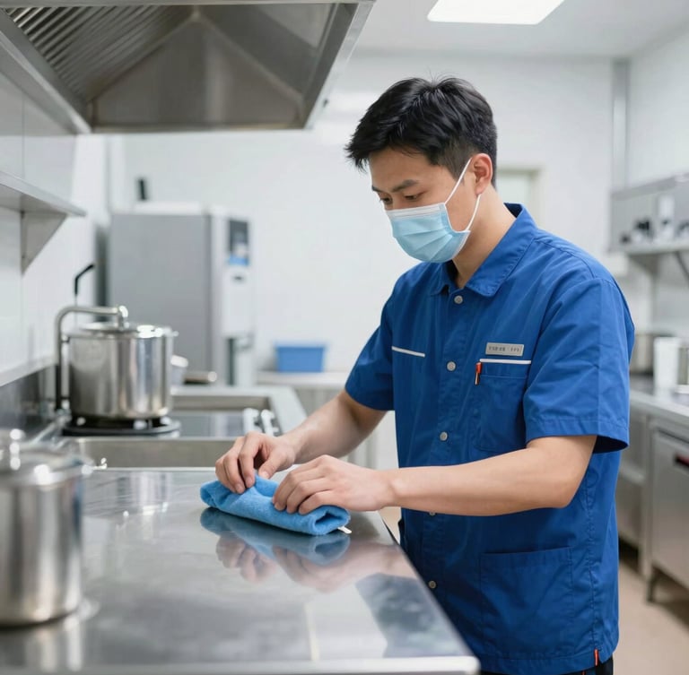 Professional cleaning supervisor in structured clean uniform inspecting a gleaming stainless steel surface in a professional kitchen, bright cool daylight, sharp focus
