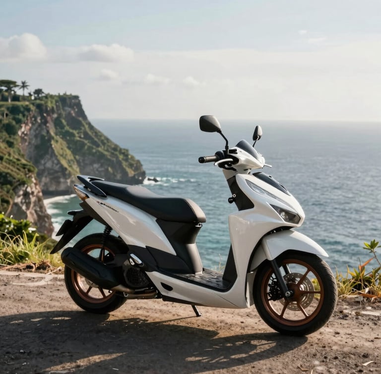 A premium modern scooter parked on a high cliff overlooking the dramatic coastline of Kuta Lombok, high-contrast tropical afternoon light, crisp details of the bike