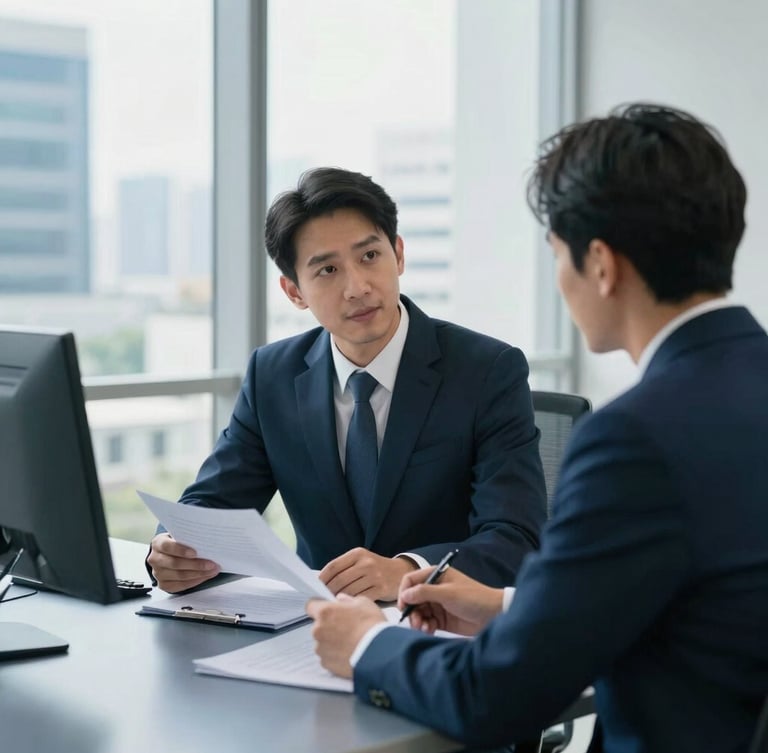 A professional consultation in a bright Bangkok office, a lawyer and an accountant discussing documents with a client, modern slate blue workspace, natural daylight, 35mm editorial photography