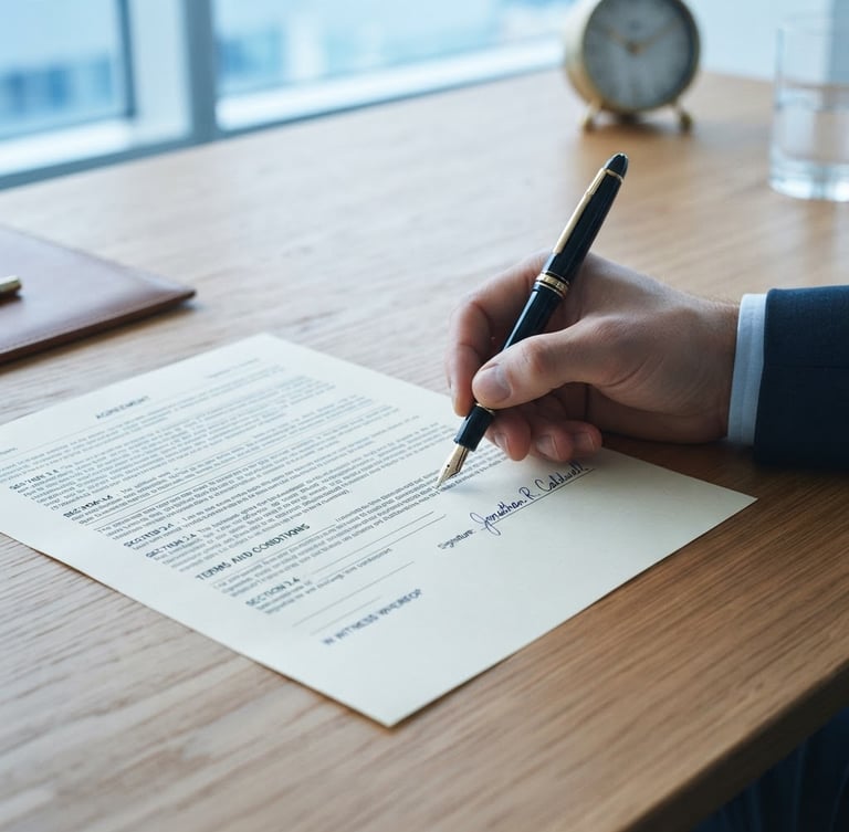 Close-up of a fountain pen signing a structured legal contract on a minimalist wooden desk, crisp document layout, warm natural office light, professional editorial photography, cool blue undertones, 35mm