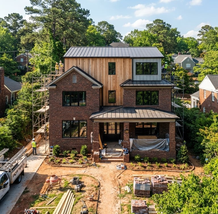 Wide-angle shot of a modern residential property in Atlanta undergoing renovation, bright afternoon sunlight, high-contrast rich tones, professional real estate style, architectural details of classic Atlanta brick homes visible.