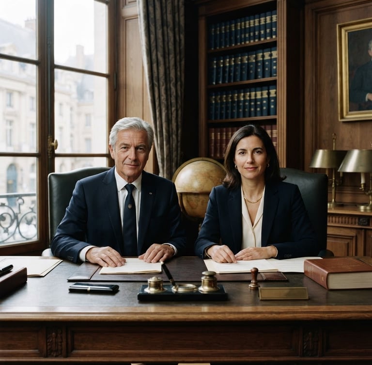 Dignified portrait of a senior European notary and a lawyer in a prestigious law office, natural light, symmetrical composition, deep navy and brass tones, sharp focus, 35mm.