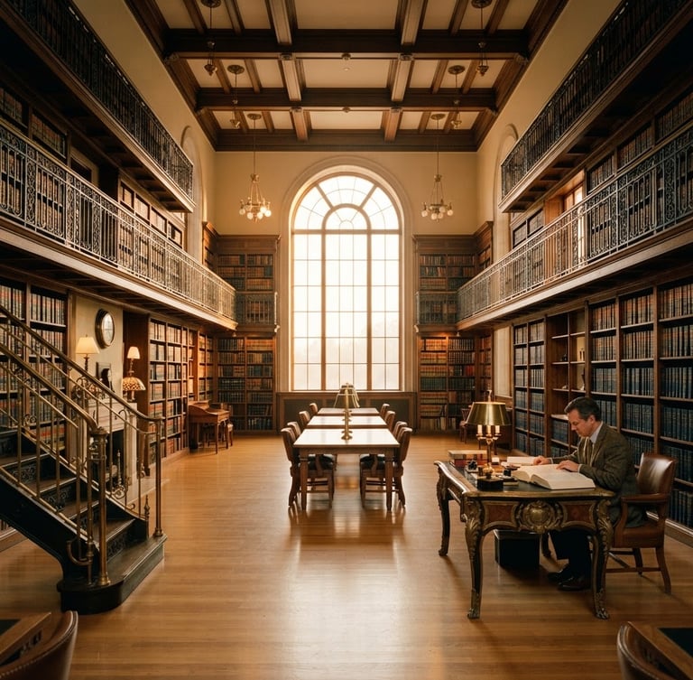 Wide shot of a grand, classic European law library interior at golden hour, deep navy and brass tones, soft diffused natural light, large leather-bound books, an ornate desk in the right third, symmetrical composition.