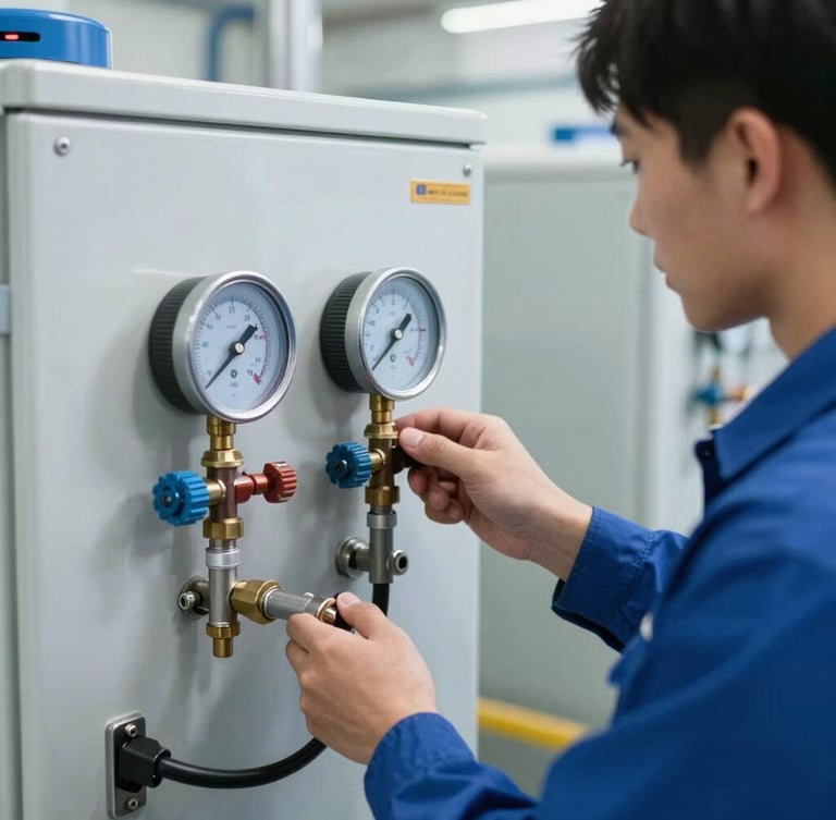 Close-up of a professional technician in a clean uniform checking pressure gauges on a commercial refrigeration compressor, sharp focus, cool metallic tones