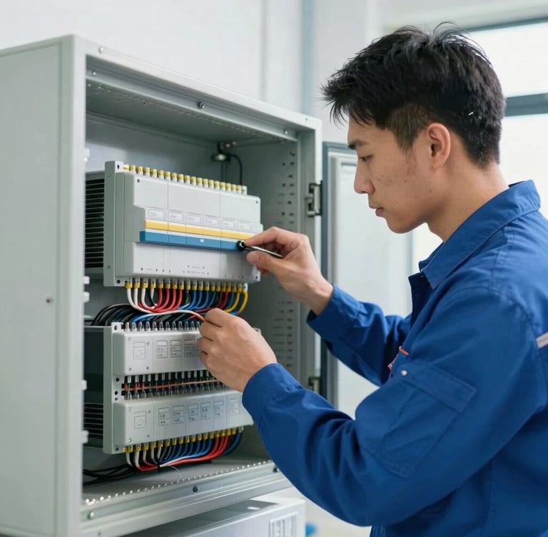 Close-up of a professional mechanical technician in a clean uniform wiring a complex commercial HVAC control board, bright natural utility lighting, cool metallic tones.