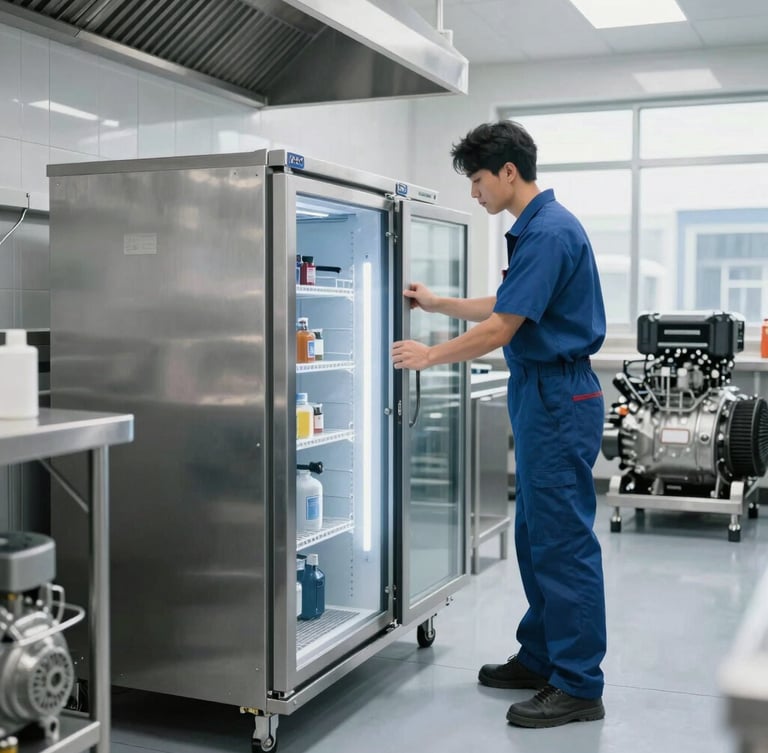 A clean commercial kitchen environment with heavy-duty stainless steel appliances, a technician adjusting a walk-in cooler compressor in the background, bright natural light.