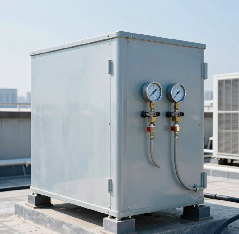 Close-up of a heavy commercial rooftop HVAC compressor unit, metallic steel housing, precise pressure gauges showing optimal readings under bright daylight.