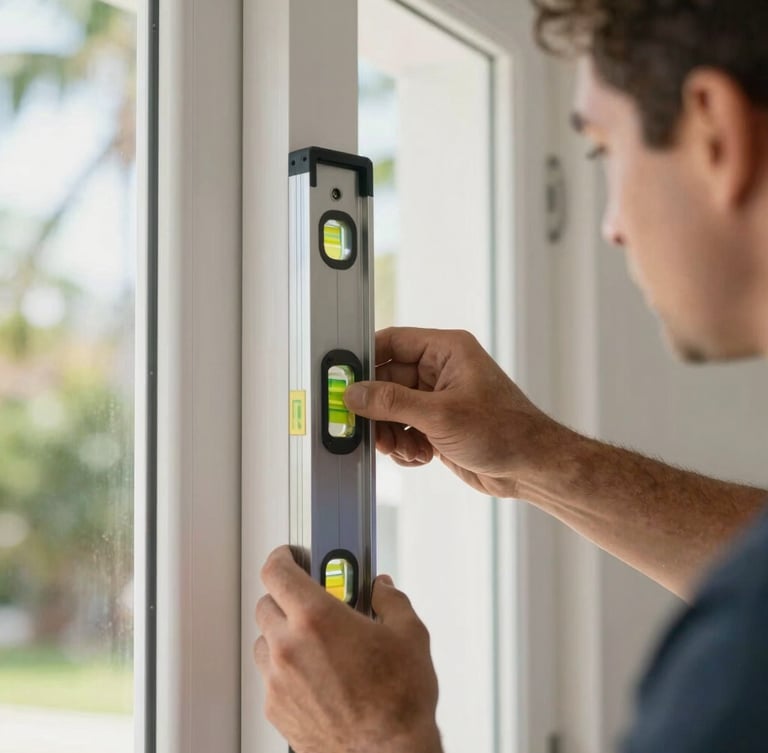 Close-up macro shot of a carpenter using a level on a newly installed white door frame, bright natural Florida light, clean dust-free work area.