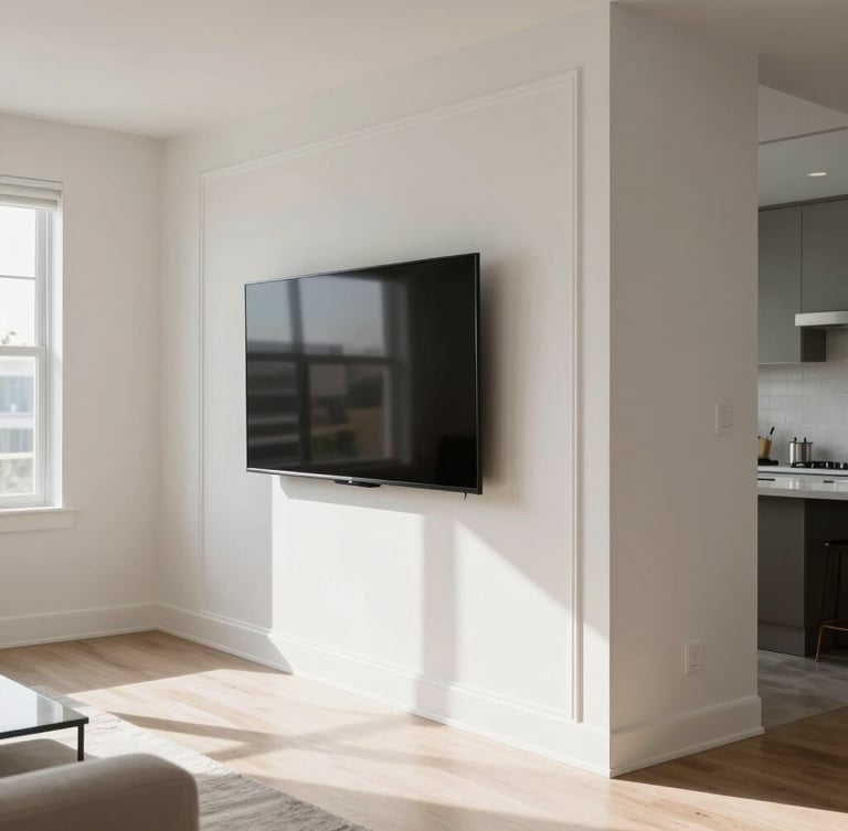 Bright Florida sunlight flooding a modern Tampa living room, showing crisp white trim, perfectly mitered corners, and a level mounted TV, eye-level straight-on shot.