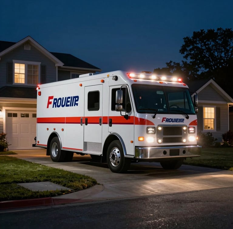Wide shot of a branded emergency service truck arriving at a suburban home at night, headlights illuminating the driveway, high contrast.