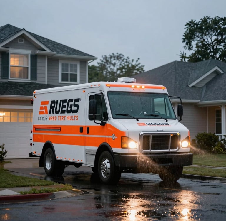 Wide action shot of a branded service truck arriving at a suburban home at dusk, headlights cutting through the light rain, safety orange decals visible.