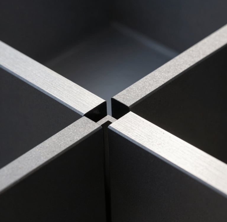 Close-up of matte black aluminum profile joints, sharp geometric lines, high-contrast directional sunlight highlighting metallic textures, 35mm lens