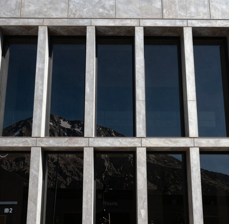 Wide-angle shot of a modern architectural facade in Mendoza with large black aluminum windows, strong mountain sunlight, sharp shadows, 35mm lens