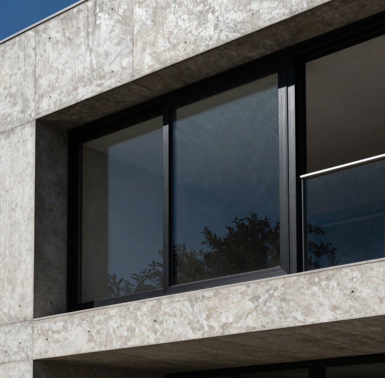 Sharp architectural photography of a modern concrete house facade in Mendoza with large black aluminum sliding window frames, strong directional sunlight, high-contrast shadows, 35mm lens