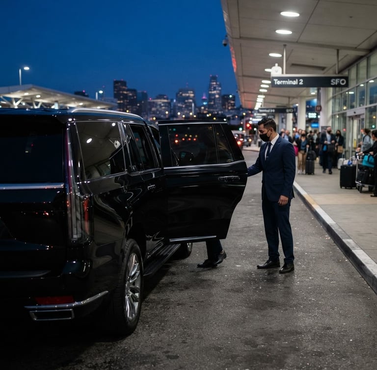 Polished black Cadillac Escalade parked at SFO airport curb at dusk, professional chauffeur in dark suit standing beside the open rear passenger door, city lights in the background, low angle.
