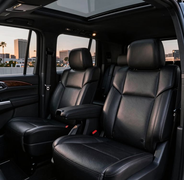 Close-up of a pristine black Cadillac Escalade interior, focusing on plush leather seating and executive space, sharp detail.
