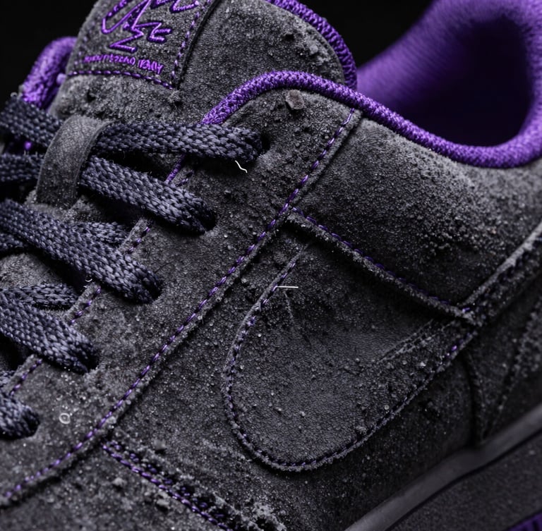 Macro extreme close-up of premium sneaker purple stitching and dark grey suede, sharp studio lighting, high contrast