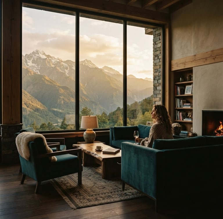 Warm editorial photography of a sunlit luxury guest lounge with high-end modern furniture, clean lines, and a large window framing towering green Himalayan peaks, golden-hour mountain light, soft shadows