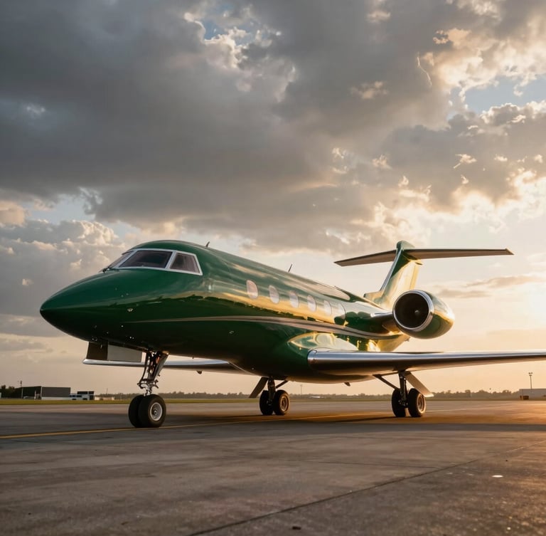 Dramatic wide-angle low-angle shot of a private Gulfstream jet on the tarmac at golden hour, deep forest green and gold reflections on the fuselage, overcast dramatic sky.