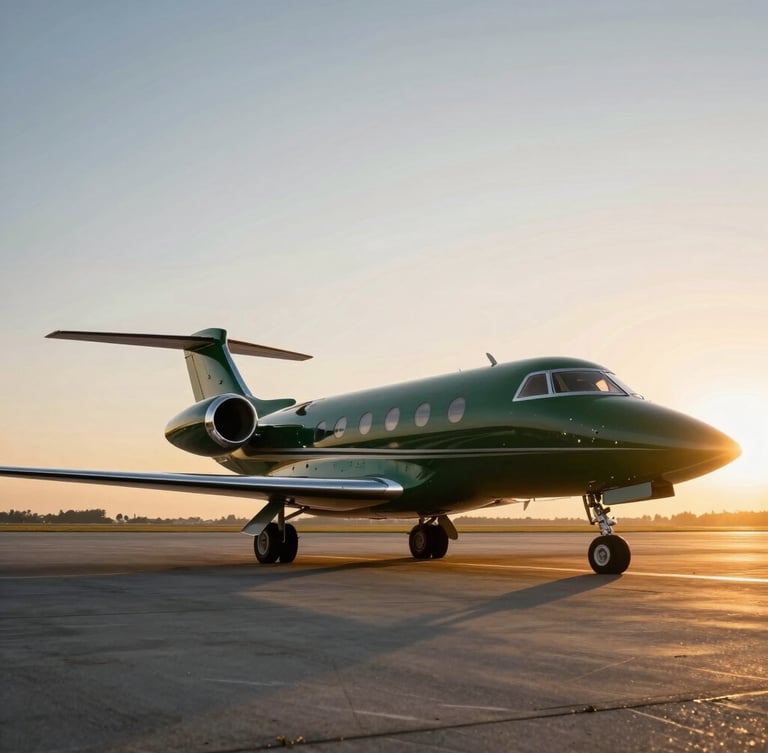 Dramatic wide-angle shot of a private jet on the tarmac at sunset, low-sun golden hour light reflecting off deep forest green fuselage, cinematic aviation photography
