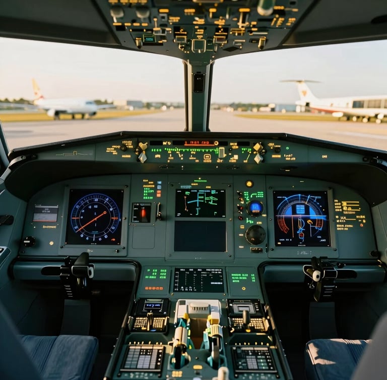 Macro shot of premium cabin finishes and flight deck avionics under sharp daylight, highlighting technical precision and high-end corporate standards