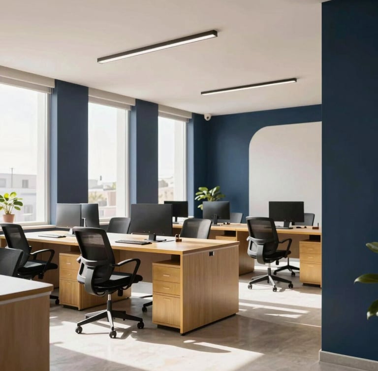 A bright, sunlit modern office workspace in Casablanca with clean architectural lines, professional focus, and soft natural daylight, 35mm.