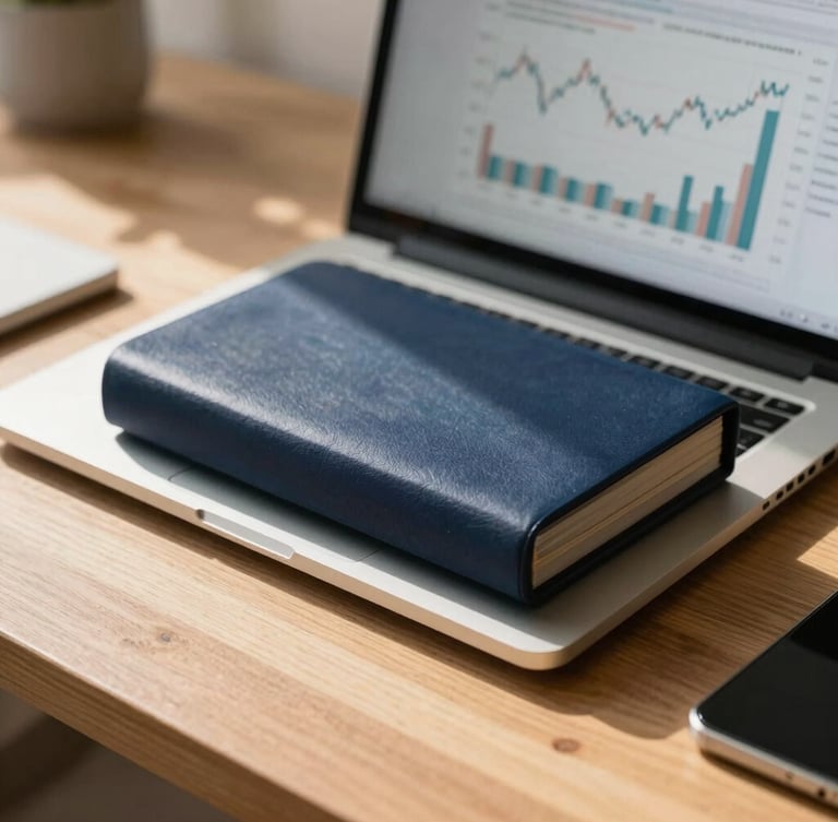Close-up of high-end workspace tools, a modern laptop showing clean financial charts, natural sunlight casting soft shadows on a wooden desk, 35mm editorial photography.