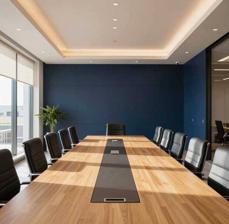 Wide shot of a modern, sunlit corporate boardroom in Casablanca, clean architectural lines, soft morning light, professional workspace atmosphere
