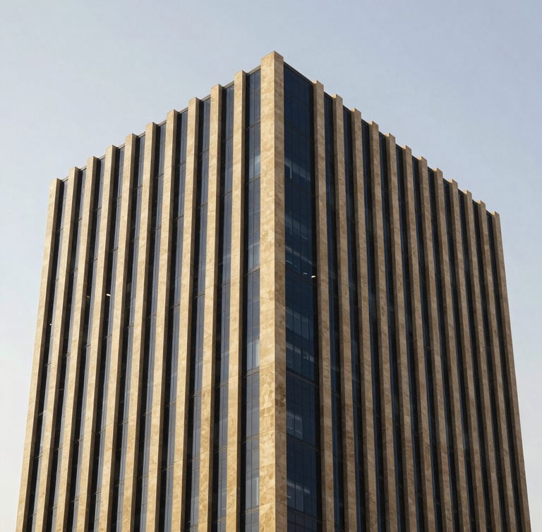 An architectural crop of a modern corporate office building in Casablanca with sharp lines, bright natural daylight, and soft shadows.