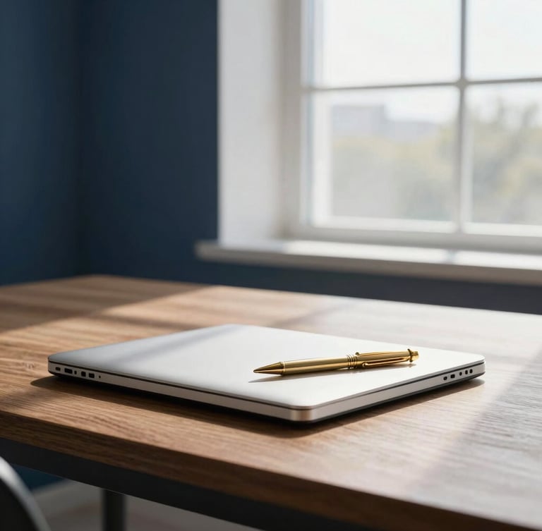 Editorial medium-wide shot of a clean, minimalist workspace with architectural depth, bright natural daylight streaming through a window, a high-end notebook and gold pen on a dark wood table, 35mm