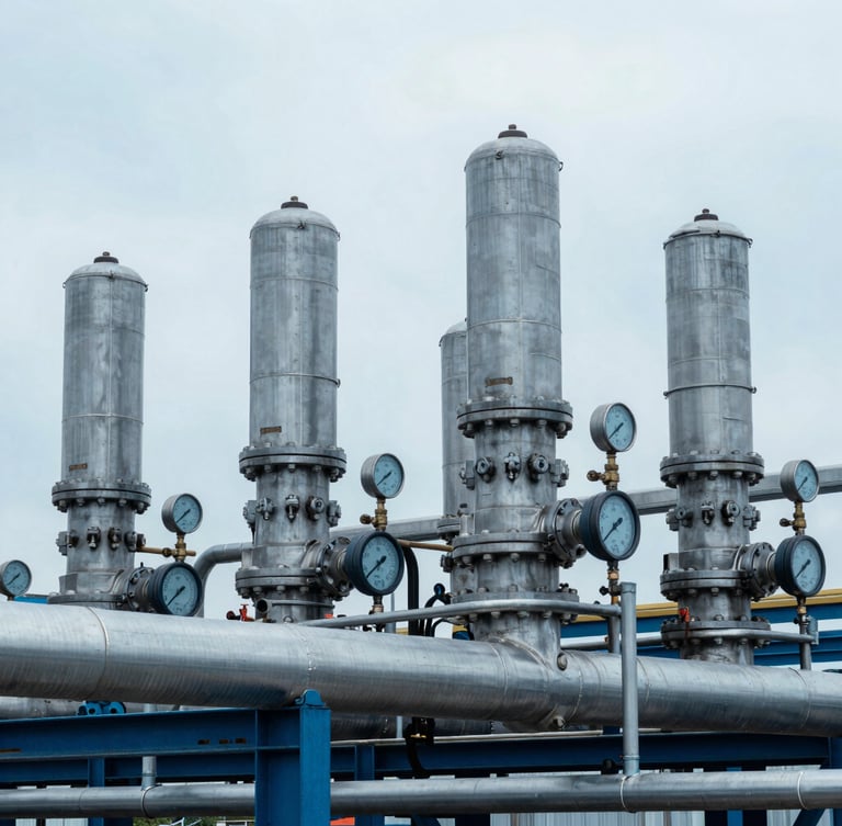 Industrial fuel cell testing facility, cool overcast daylight, sharp technical details of steel piping and pressure gauges, desaturated blue tones, 35mm