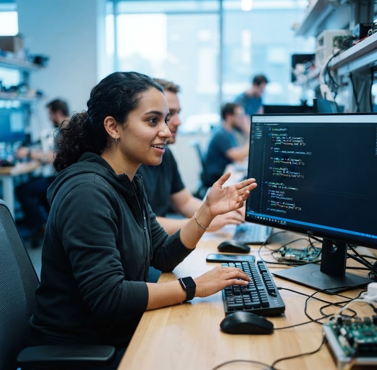 A dynamic medium-close shot of a young adult collaborating in a modern tech lab, focused on code on a screen, bright natural daylight with cool blue undertones, shallow depth of field, 35mm