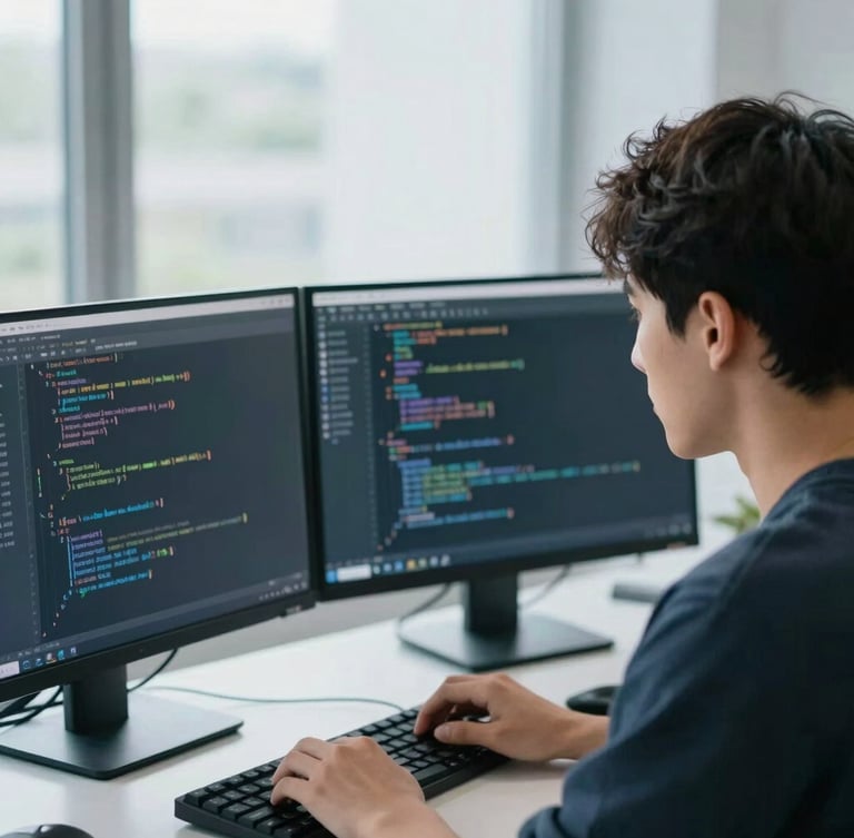 Dynamic medium-close shot of a young adult focused on coding, dual monitors displaying clean code, cool crisp daylight, shallow depth of field, 35mm