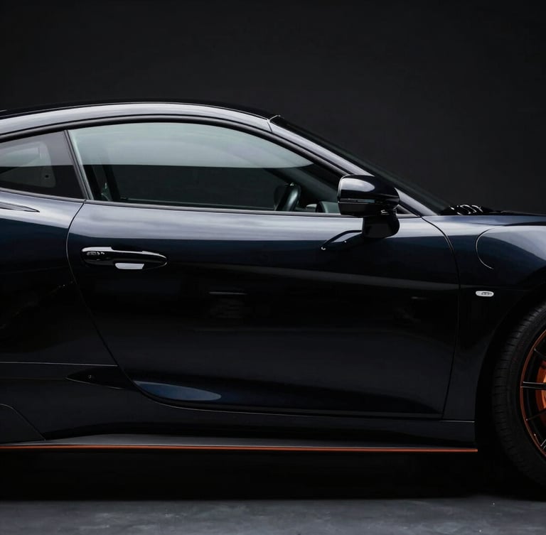 Sleek sports car side profile in a dark studio, dramatic key light highlighting sharp reflections on the glossy black paint, 50mm lens, high contrast